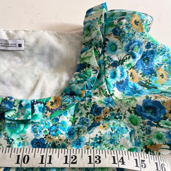 Zara Blue Floral Print Short Sleeve Smocked Square Neck Flare Mini Dress Size XS - Picture 10 of 11